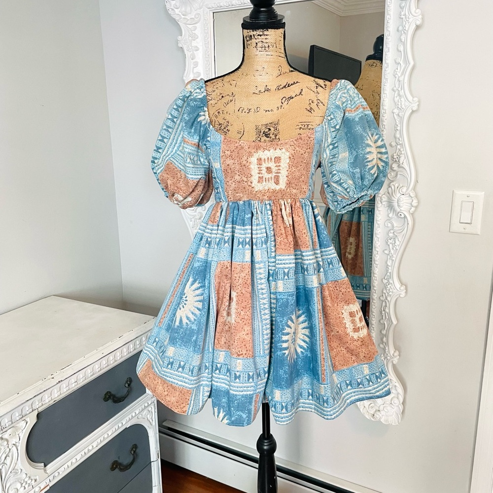 New York Couture Vintage Western Print Cottagecore Puff Sleeve Dress